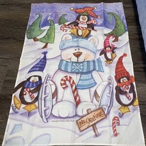 Vintage Pole Flag Christmas Polar Bear With Penguins Skating
